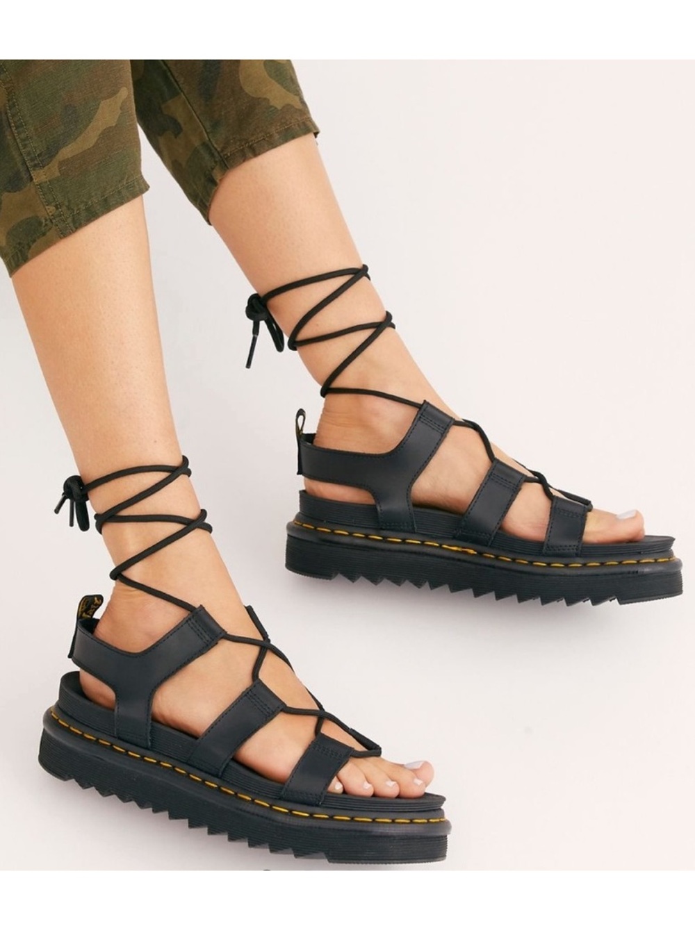 Dr. Martens Black Leather Lace-Up Platform Sandals